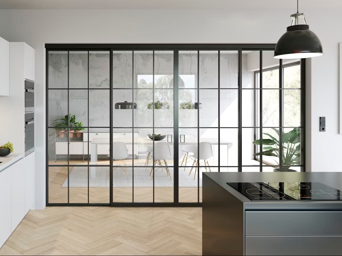 Steel loft sliding door with industrial style rail system