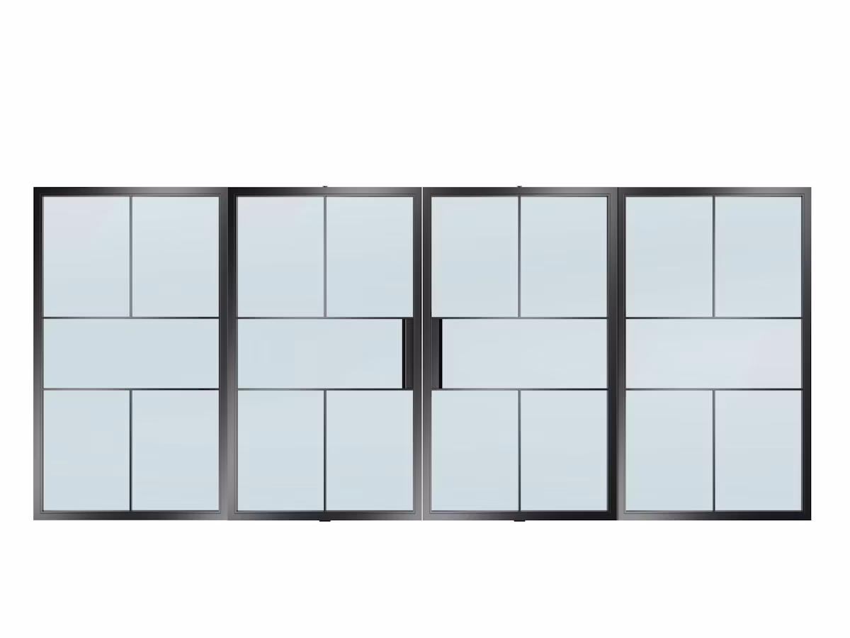 Two pivot doors with two side panels and glare strip Slim